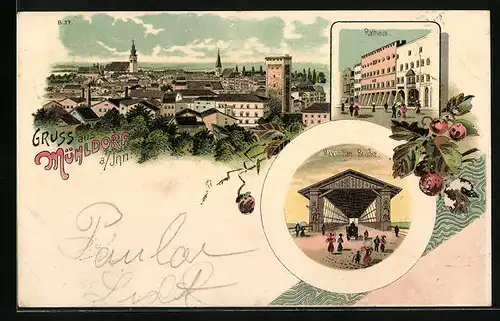 Lithographie Mühldorf /Inn, Totalansicht, Rathaus, Maximilianbrücke