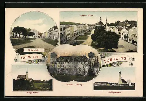 AK Tüssling, Schloss, Oberer Markt, Untermarkt, Burgkirchen, Heiligenstadt