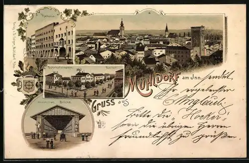 Lithographie Mühldorf /Inn, Rathaus, Bahnhofstrasse, Maximilianbrücke, Totalansicht