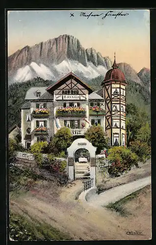Lithographie Berchtesgaden, Hotel Pension Bavaria aus der Vogelschau, mit Strasse und Alpenkulisse