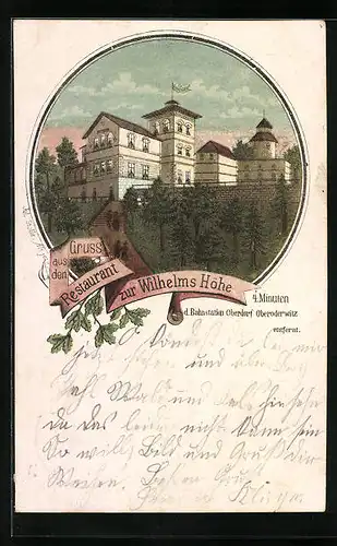 Lithographie Oberoderwitz bei Oberdorf, Restaurant zur Wilhelms Höhe mit Treppenaufgang vom Parkweg