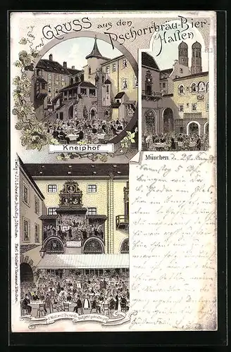 Lithographie München, Pschorrbräu-Bierhallen - Kneiphof, Gebäudeansicht