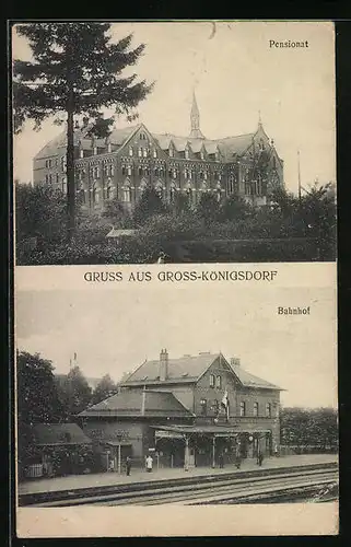 AK Gross-Königsdorf, Pensionat und Bahnhof aus der Vogelschau