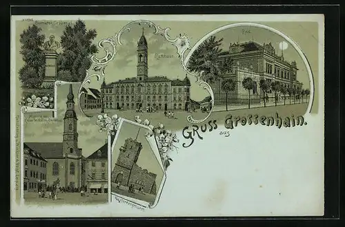Mondschein-AK Grossenhain, Post, Kirche mit Denkmal, Rathaus