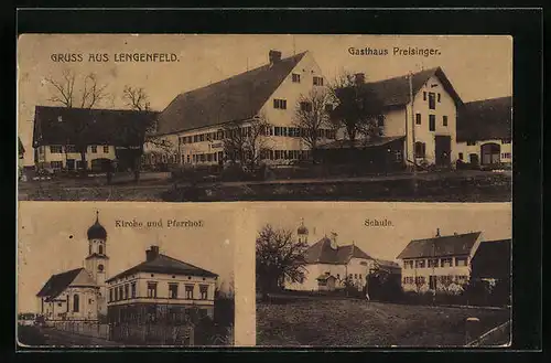 AK Lengenfeld, Gasthaus Preisinger, Kirche und Pfarrhof, Schule