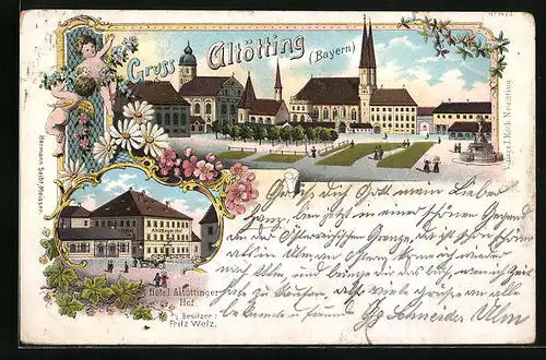 Lithographie Altötting, Hotel Altöttinger Hof, Ortspartie aus der Vogelschau