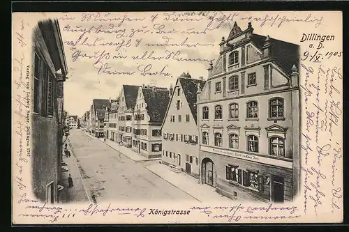 AK Dillingen a. D., Königstrasse mit Geschäftshäusern aus der Vogelschau