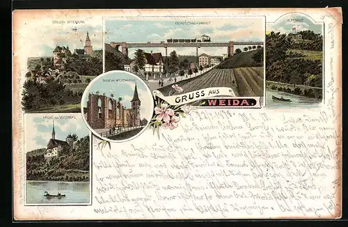 Lithographie Weida, Oschützthal-Viaduct, Schloss Osterburg, Gasthaus Alpenrose