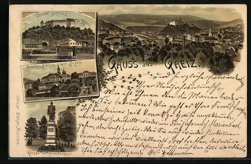 Lithographie Greiz, Ortsansicht aus der Vogelschau, Oberes und unteres Schloss