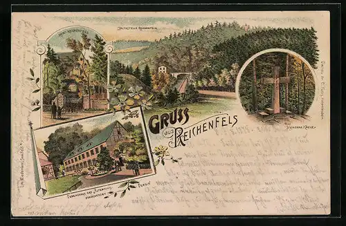 Lithographie Reichenfels, Vereinshaus des Altertumsforschenden, Ruine Hohenfels, Steinernes Kreuz