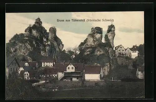 Künstler-AK sign. Hans Pernat: Tüchersfeld /Fränk. Schw., Ortsansicht vor Felsen