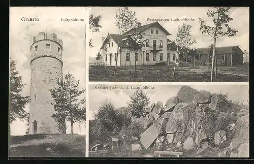 AK Cham, Restauration Luitpoldhöhe, Luitpoldturm, Schillerfelsen