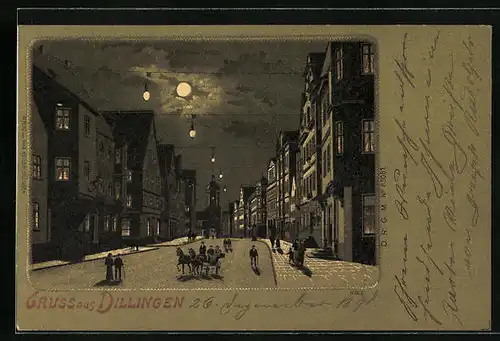 Mondschein-AK Dillingen, Nächtliche Strassenpartie mit Passanten und Kutsche