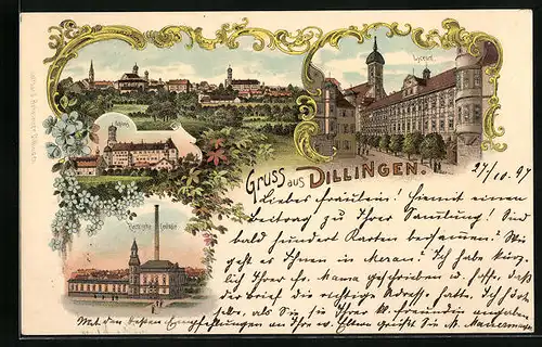 Lithographie Dillingen, Lyceum, Electrische Centrale, Ortsansicht