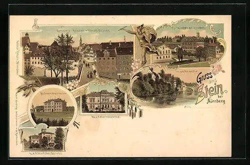 Lithographie Stein b. Nürnberg, Distrikts-Waisenhaus, W. v. Fabersche Villa, Rednitz-Brücke und Hauptstrasse