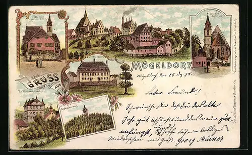 Lithographie Mögeldorf, Doktorschlösschen, Schmausenbuck, Ostseite der Kirche