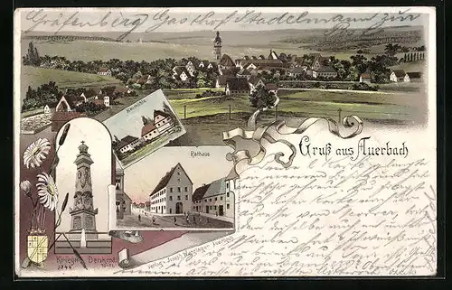 Lithographie Auerbach, Kriegerdenkmal, Neumühle, Rathaus, Ortsansicht