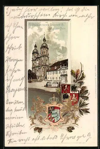 Passepartout-Lithographie Gössweinstein, Basilika und Pfarrhaus, Wappen