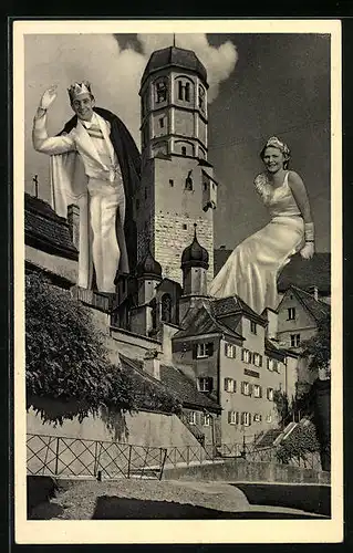 AK Dillingen, Fasching 1937, Prinz Seppr von Birnmannien und Prinzessin Trudl von Stadtbergen, Fotomontage