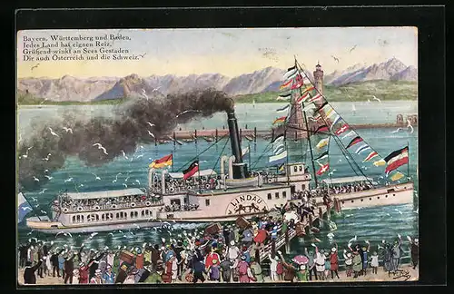 Künstler-AK Arthur Thiele: Bodenseedampfer Lindau mit Flaggengala in See stechend