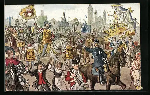 Künstler-AK Köln, Kölner Karnevalsleben, Parade mit feiernden Menschenmassen