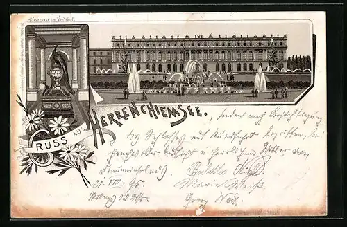 Vorläufer-Lithographie Herrenchiemsee, 1895, Pfauenvase im Vestibul