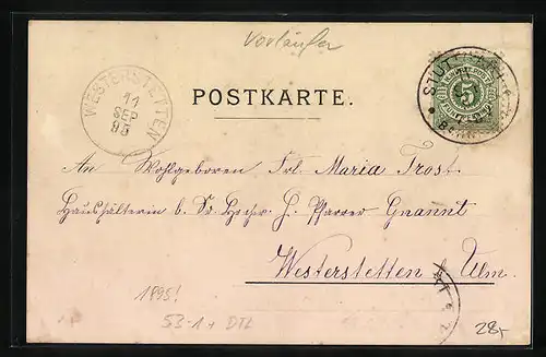 Vorläufer-Lithographie Stuttgart, 1895, Gesamtansicht aus der Vogelschau, Eugensbrunnen, K. Residenzschloss