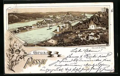 Vorläufer-Lithographie Passau, 1891, Ortsansicht aus der Vogelschau