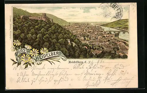 Vorläufer-Lithographie Heidelberg, 1895, Gesamtansicht mit Schloss und Neckar