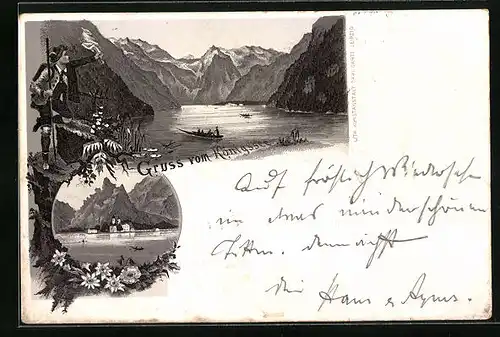 Vorläufer-Lithographie Königssee, 1895, Seeblick mit Wanderer und Alpenlandschaft