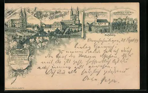 Vorläufer-Lithographie Staffelstein, 1894, Kirche Vierzehnheiligen und Schloss Banz