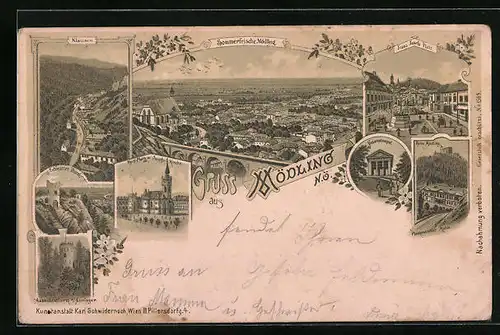 Lithographie Mödling, Klausen, Schwarzer Turm, Franz Josefs Platz, Husarentempel