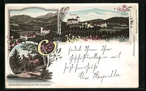 Lithographie Kranichberg b. Gloggnitz, Schloss und Schule, Uferpartie mit Rehen und Fasanen