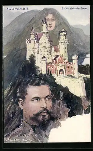 Künstler-AK Fritz Hass: Killinger Nr. 195: Neuschwanstein, Schloss und Ludwig II., Berg mit Gesicht / Berggesichter