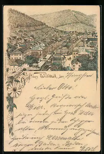 Vorläufer-Lithographie Wildbad, 1895, Teilansicht