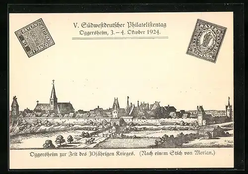 Künstler-AK Oggersheim, V. Südwestdeutscher Philatelistentag 1924, Teilansicht, PP 88 C 7 /01, Ganzsache