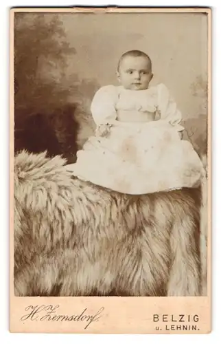 Fotografie H. Zernsdorf, Belzig, Sandbergstr. 23, Lächelndes Baby im Kleidchen