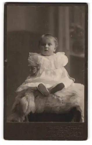 Fotografie German Gober, Braunau a. Inn, Süsses Kleinkind im Kleid sitzt auf Fell