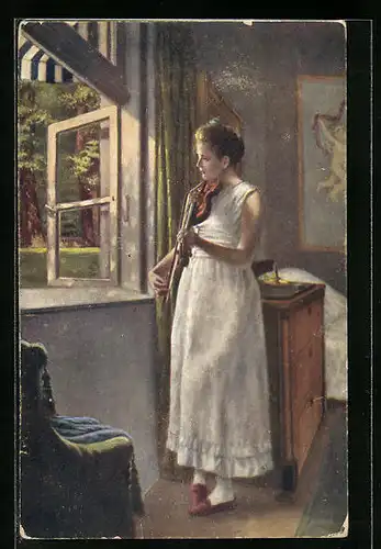 Künstler-AK Morgenlied, Geige spielende Schönheit am offenen Fenster