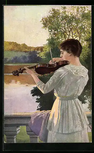 Künstler-AK Abendklänge, Violine spielende Schönheit geniesst den Seeblick