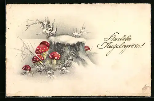 Lithographie Neujahrsgrüsse, Fliegenpilze in verschneiter Winterlandschaft