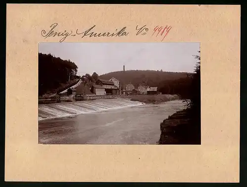 Fotografie Brück & Sohn Meissen, Ansicht Amerika i. Muldental, Strickgarnspinnerei an der Zwickauer Mulde mit Wehr