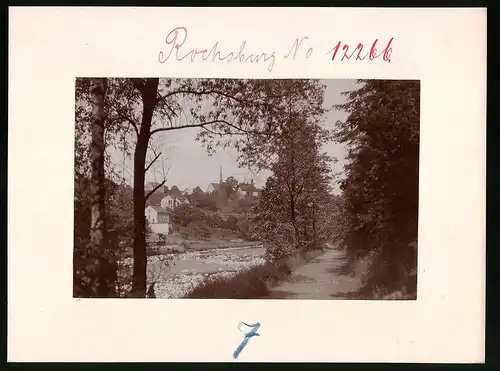 Fotografie Brück & Sohn Meissen, Ansicht Rochsburg, Partie an der Mulde mit Teilansicht des Ortes