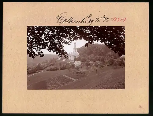 Fotografie Brück & Sohn Meissen, Ansicht Wolkenburg, Weinberge mit Blick auf die St. Mauritius Kirche