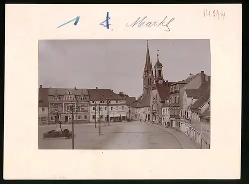 Fotografie Brück & Sohn Meissen, Ansicht Wilsdruff, Blick auf den Markt und Rathaus, Alte Post, Geschäft Wehner, Denkmal