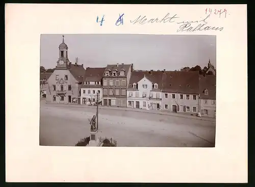 Fotografie Brück & Sohn Meissen, Ansicht Wilsdruff, Marktplatz mit Denkmal, Schmied J. Hampel, Sparkasse, Bäckerei