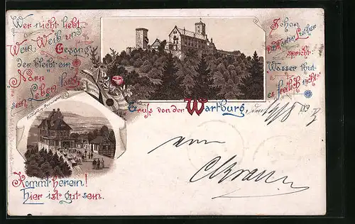 Vorläufer-Lithographie Wartburg b. Eisenach, 1893, Ortsansicht mit dem Wartburg-Restaurant