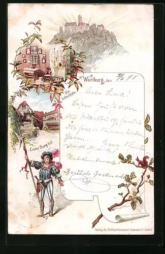Vorläufer-Lithographie Wartburg b. Eisenach, 1895, Die Lutherstube, Erster Burghof, Gardist mit Hellebarde