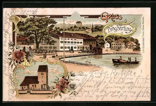 Lithographie Dingharting, Killers Gasthaus, Kirche