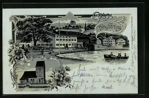 Mondschein-Lithographie Dingharting, Killers Gasthaus am Wasser, Kirche